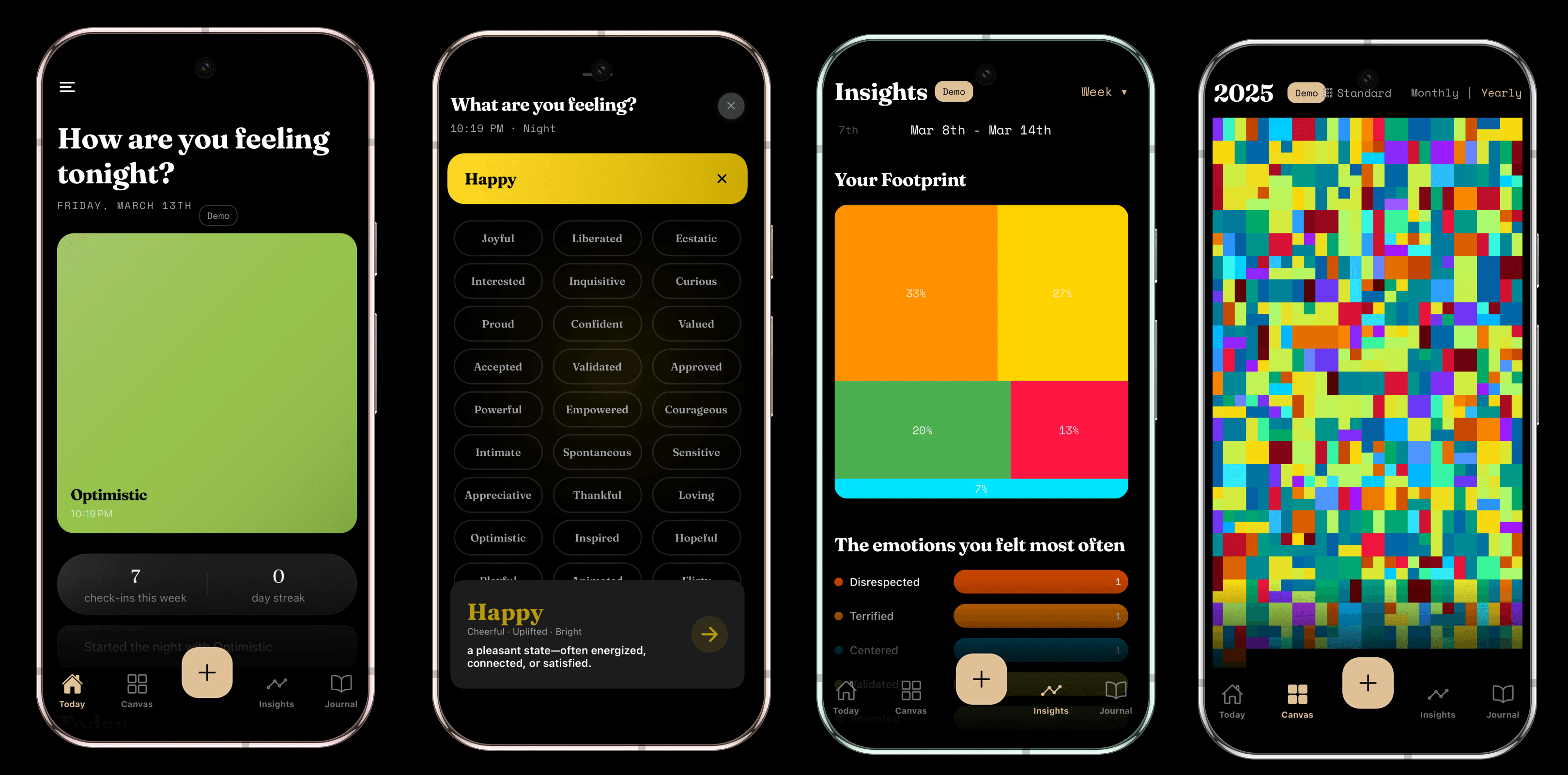 Mosaic app screens showing the emotion check-in and canvas views